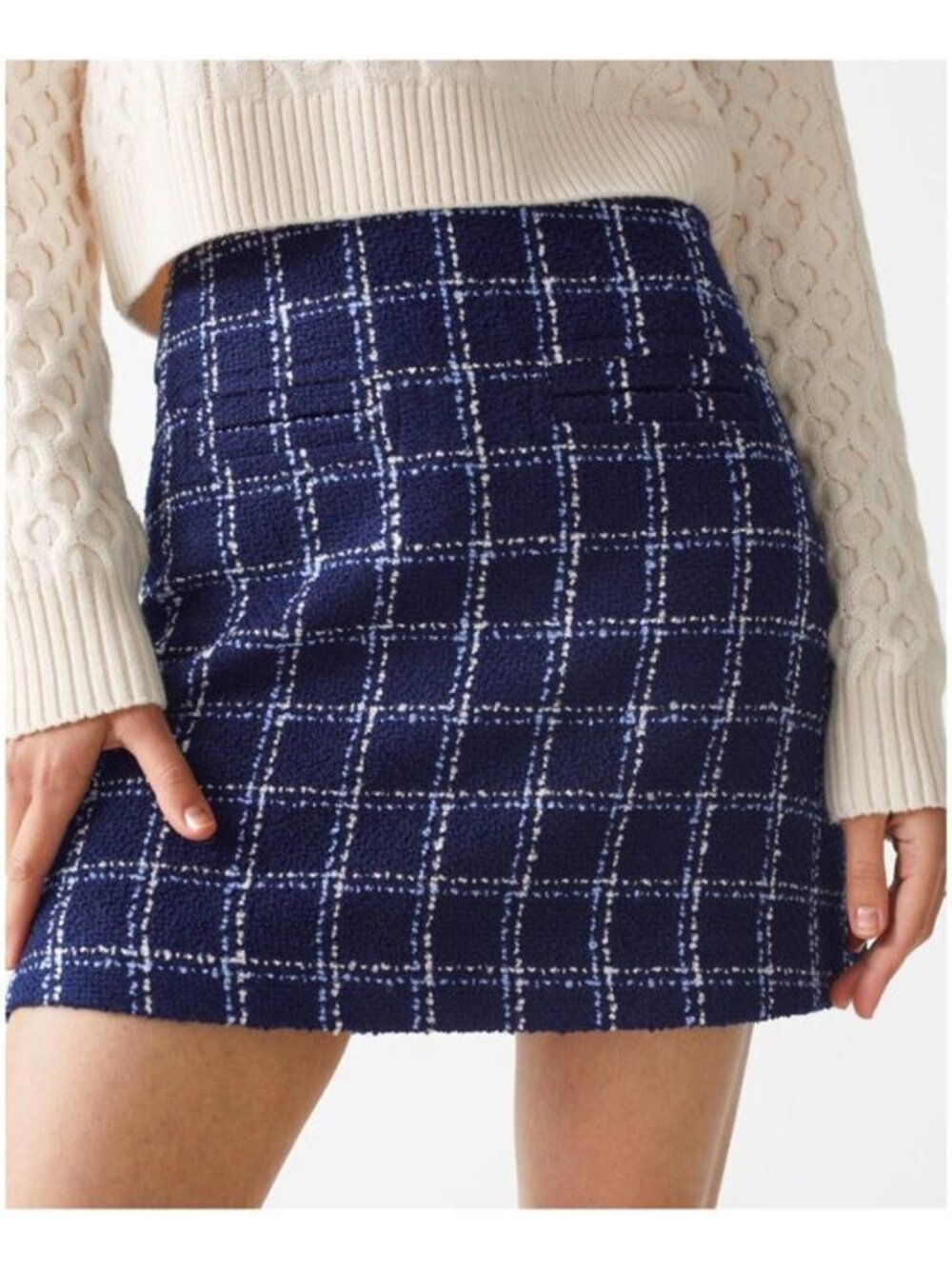 New & Other Stories Plaid Tweed A-Line Mini Skirt Navy 6 $79